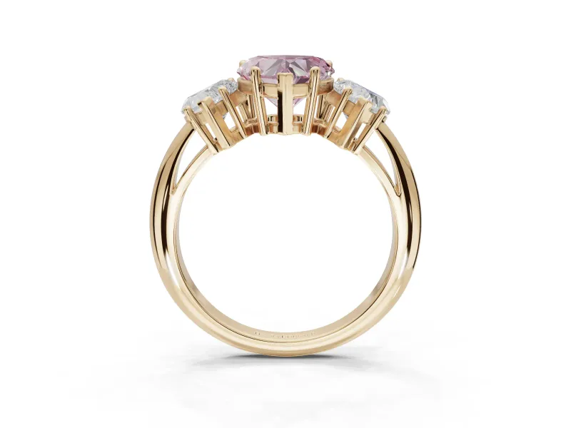 Heart-Shaped Three Stone Engagement Ring Setting for a Fancy Pink Lab-Grown Diamond | Plain Band | Yellow Gold