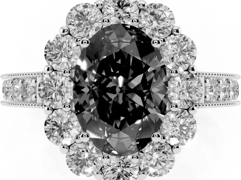 Oval Vintage Halo Engagement Ring Setting for a Black Center | Milgrain Channel Band | Platinum