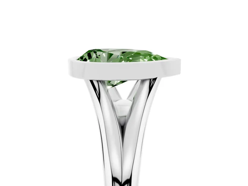 Fancy Green Bezel Set Pear Cut Diamond Solitaire Ring Set in Platinum with Tapered Band