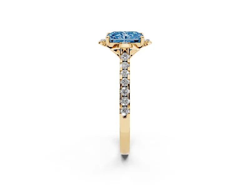 Radiant Cut Floral Petal Engagement Ring Setting for a Fancy Blue Lab-Grown Diamond | Petal Accents | Yellow Gold