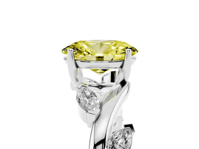 Fancy Yellow Oval Cut Diamond Solitaire Ring Set in White gold with Twisted Marquise Accent Band