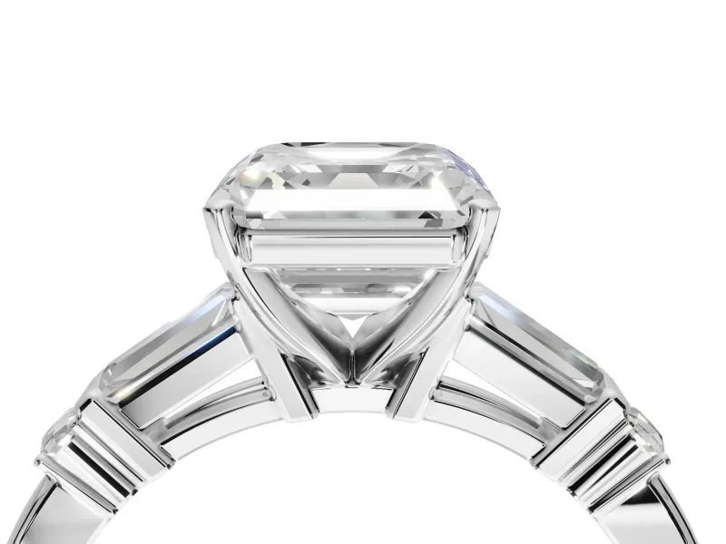 Asscher Cut Tapered Baguette Engagement Ring Setting | Bar Set Sides | White Gold