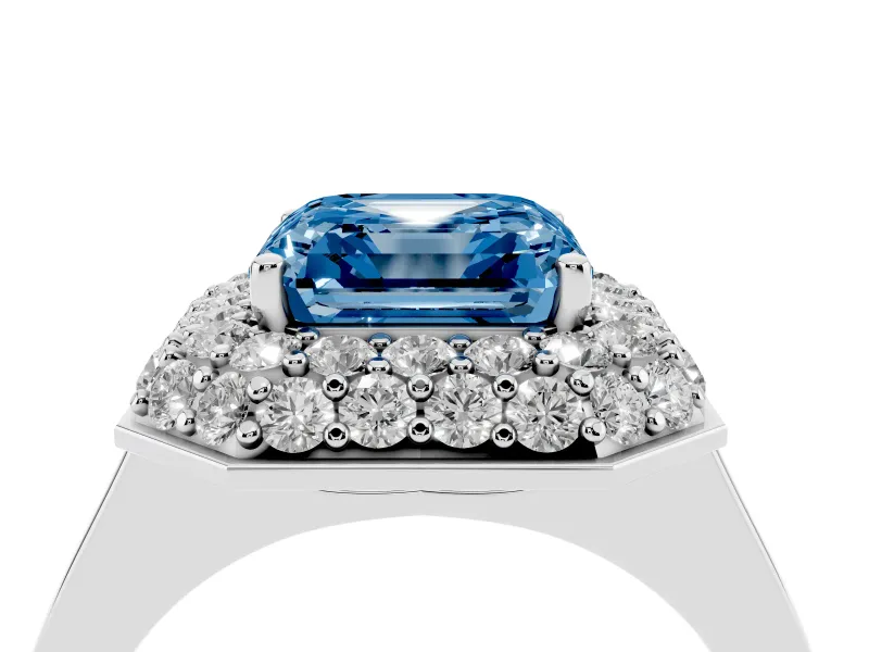 Fancy Blue Asscher Cut Diamond Halo Engagement Ring Set in Platinum with Solitaire Band and Prong Setting