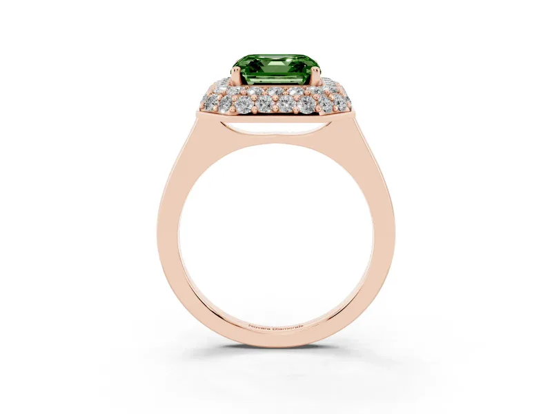 Fancy Green Asscher Cut Diamond Halo Engagement Ring Set in Rose gold with Solitaire Band and Prong Setting