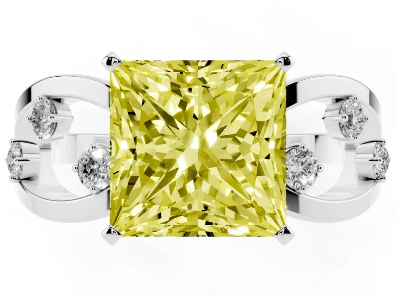 Fancy Yellow Princess Cut Diamond Solitaire Ring Set in White gold with Side Stones on Criss-Cross Band and Prong Setting