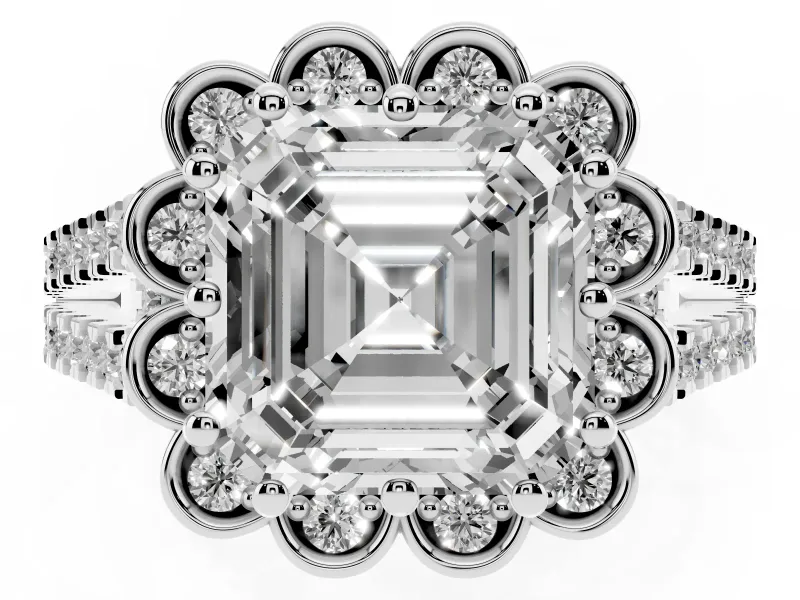 Asscher Cut Petal Frame Floral Halo Engagement Ring Setting | Pavé Split Shank | Sterling Silver