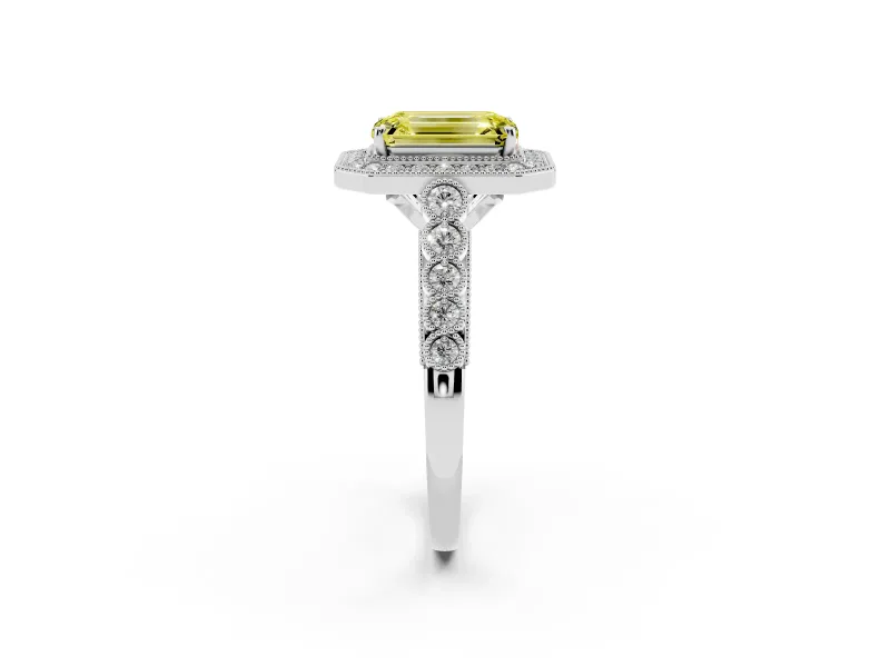 Emerald Cut Graduated Milgrain Halo Engagement Ring Setting for a Fancy Yellow Lab-Grown Diamond | Sterling Silver