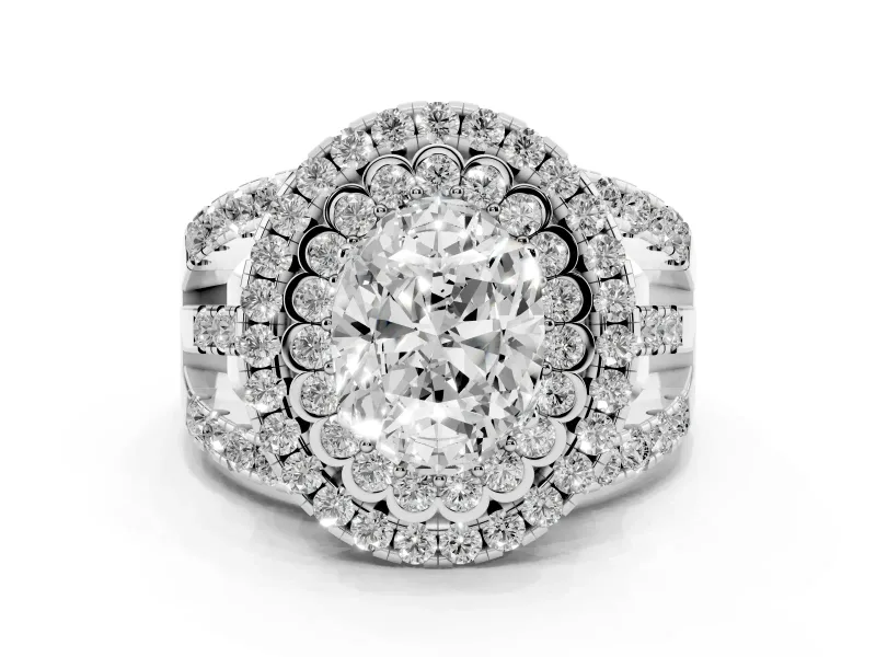 Oval Cut Diamond Double Halo Ring Set in Platinum with Round Pavé Split Shank