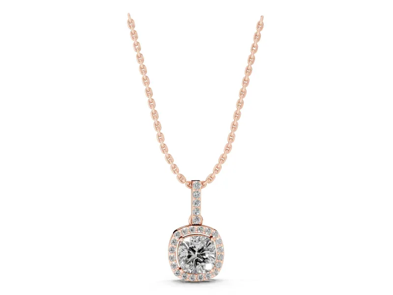 Cushion Cut Lab-Grown Diamond Halo Pendant Necklace | Pavé Bail | Rose Gold