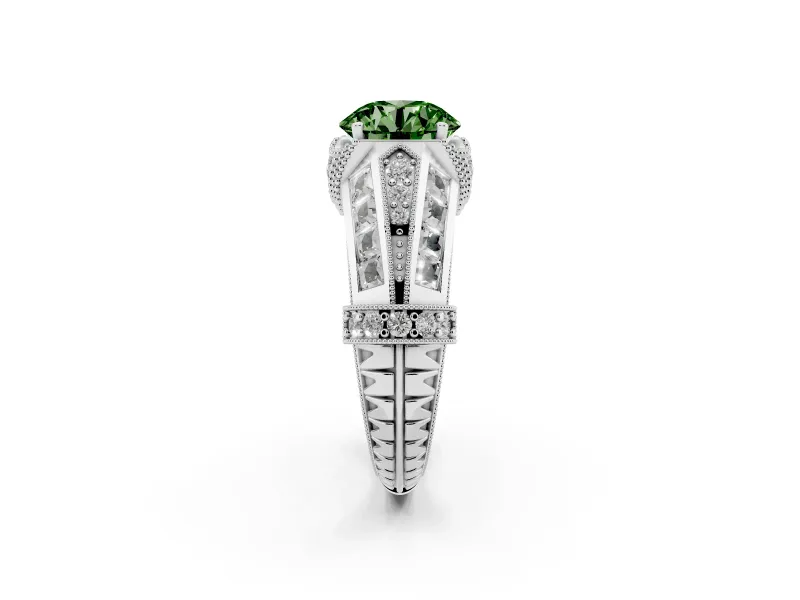 Fancy Green Round Cut Diamond Vintage-Inspired Milgrain Ring Set in White gold with Accent Split Shank