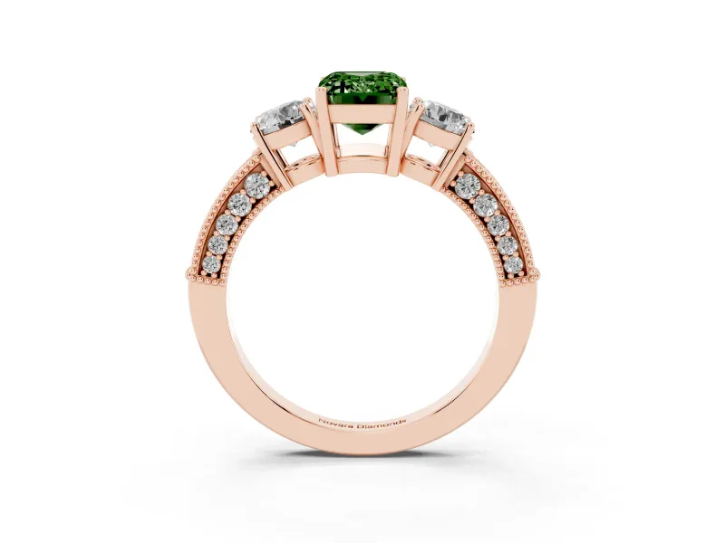 Emerald Cut Three Stone Engagement Ring Setting for a Fancy Green Lab-Grown Diamond | Graduated Pave Band | Rose Gold