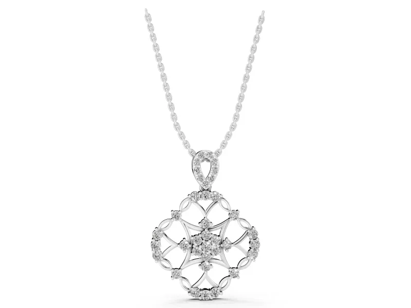 Round Lab-Grown Diamond Openwork Cluster Pendant Necklace | Quatrefoil Frame | White Gold