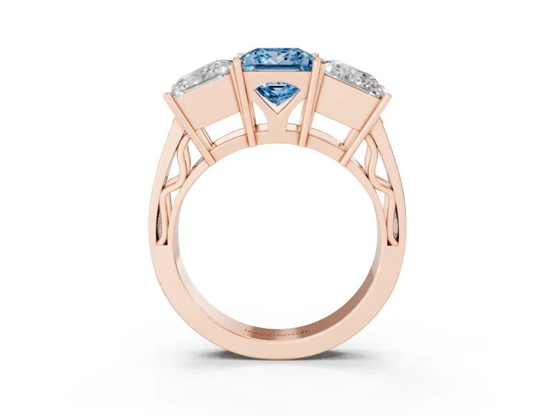 Princess Cut Three Stone Engagement Ring Setting for a Fancy Blue Lab-Grown Diamond | Beaded Shoulders | Rose Gold