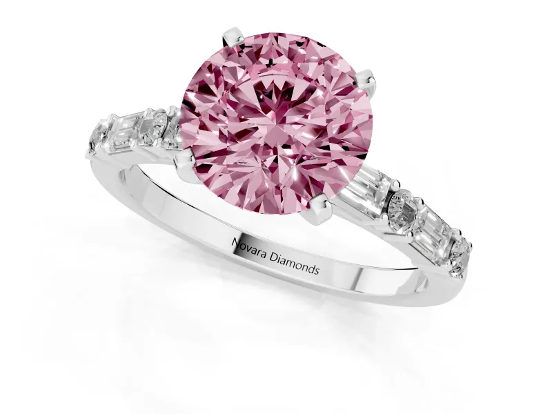 Fancy Pink Round Cut Diamond Solitaire Set in Platinum with Side Baguettes and Channel Set Band