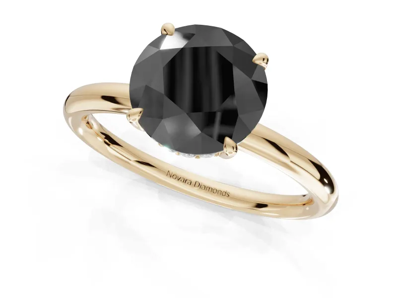 Round Hidden Halo Engagement Ring Setting for a Black Center | Thin Plain Band | Yellow Gold