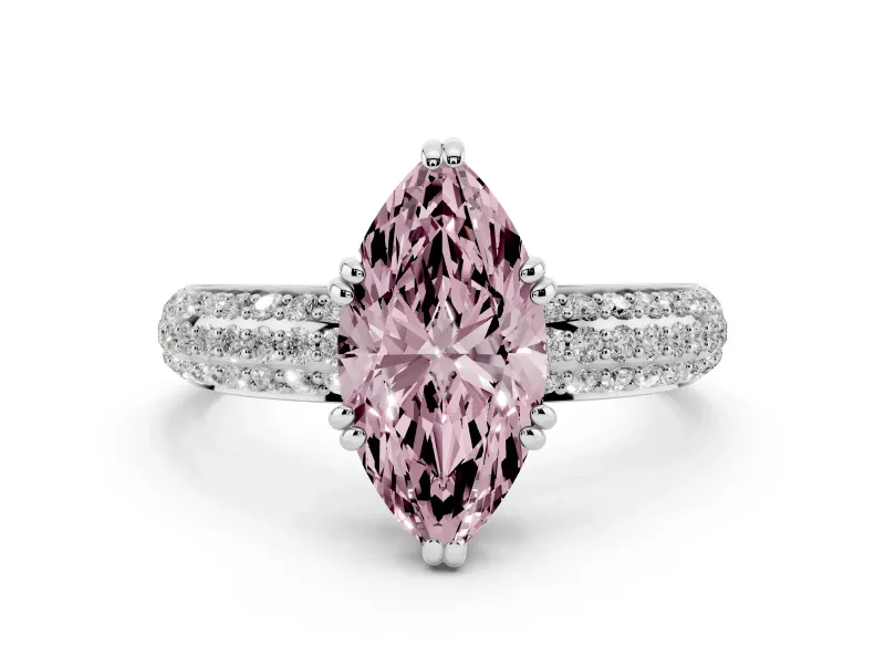Fancy Pink Marquise Cut Diamond Solitaire Ring Set in Silver with Multi-Row Round Pavé Band and Prong Setting