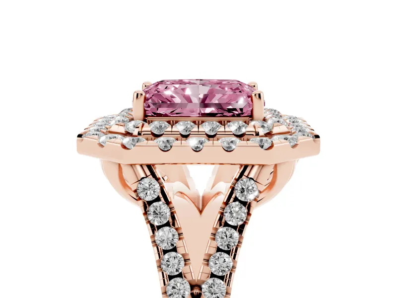 Radiant Cut Halo Split Shank Engagement Ring Setting for a Fancy Pink Lab-Grown Diamond | Pavé Strands | Rose Gold