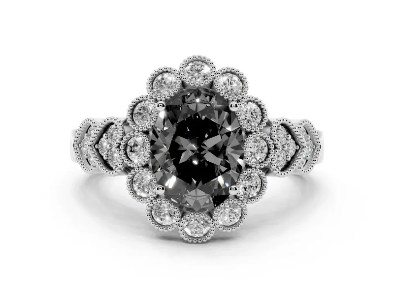 Fancy Black Oval Cut Diamond Solitaire Ring Set in White gold with Milgrain Pavé Heart Band