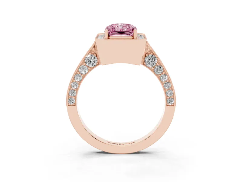 Radiant Cut Milgrain Halo Engagement Ring Setting for a Fancy Pink Lab-Grown Diamond | Side Stones | Rose Gold