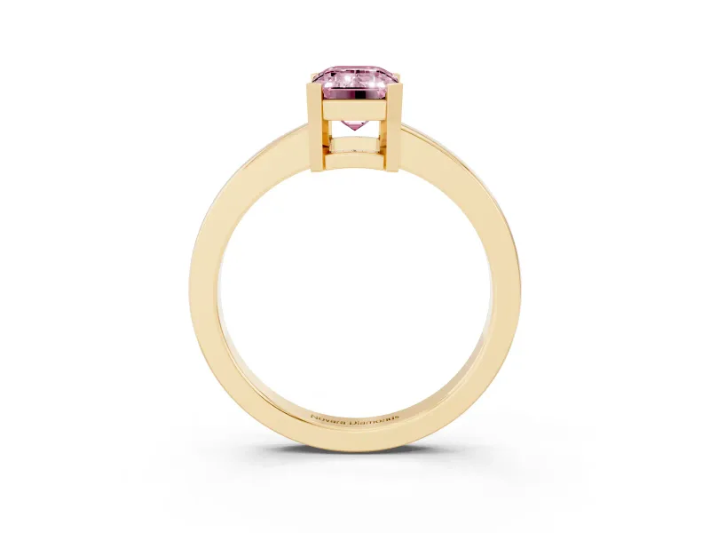 Fancy Pink Emerald Cut Diamond Solitaire Ring Set in Yellow gold with Prong Head and Smooth Polished Band