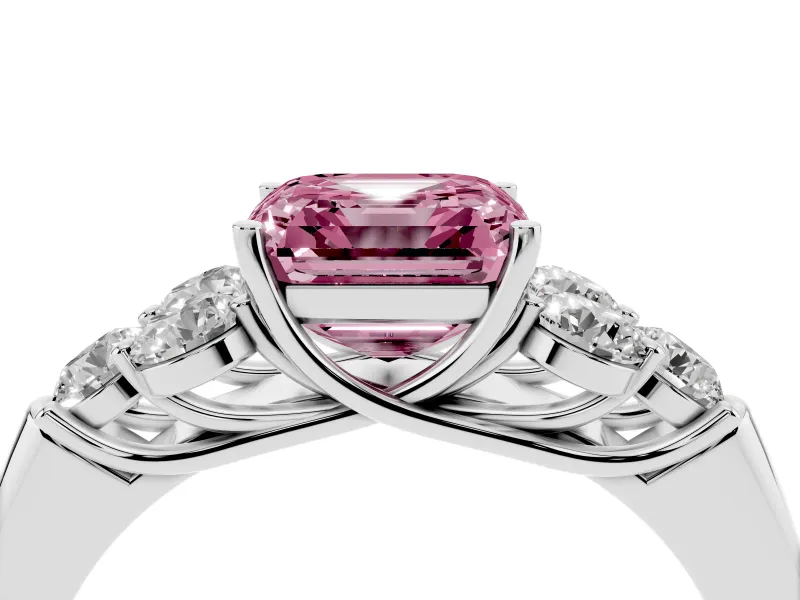 Fancy Pink Asscher Cut Diamond Cluster Ring Set in White gold with Round Accent Stones and Prong Setting on a Plain Band