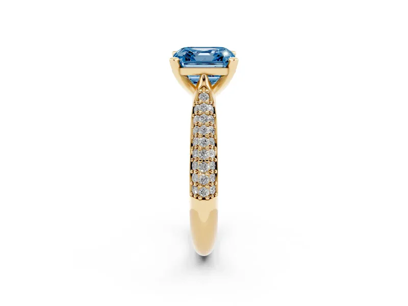Fancy Blue Asscher Cut Diamond Solitaire Engagement Ring Set in Yellow gold with Multi-Row Round Pavé Band and Prong Setting