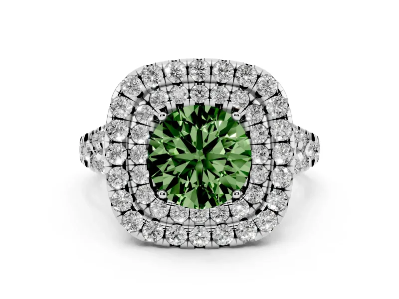 Fancy Green Round Cut Diamond Double Halo Ring Set in Platinum with Pavé Split Shank and Prong Setting