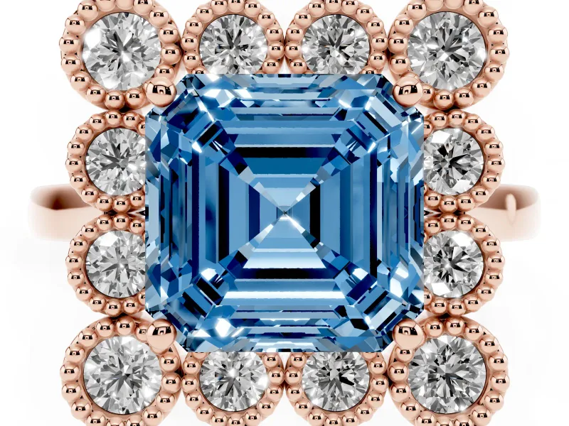 Asscher Cut Milgrain Cluster Halo Engagement Ring Setting for a Fancy Blue Lab-Grown Diamond | Plain Band | Rose Gold