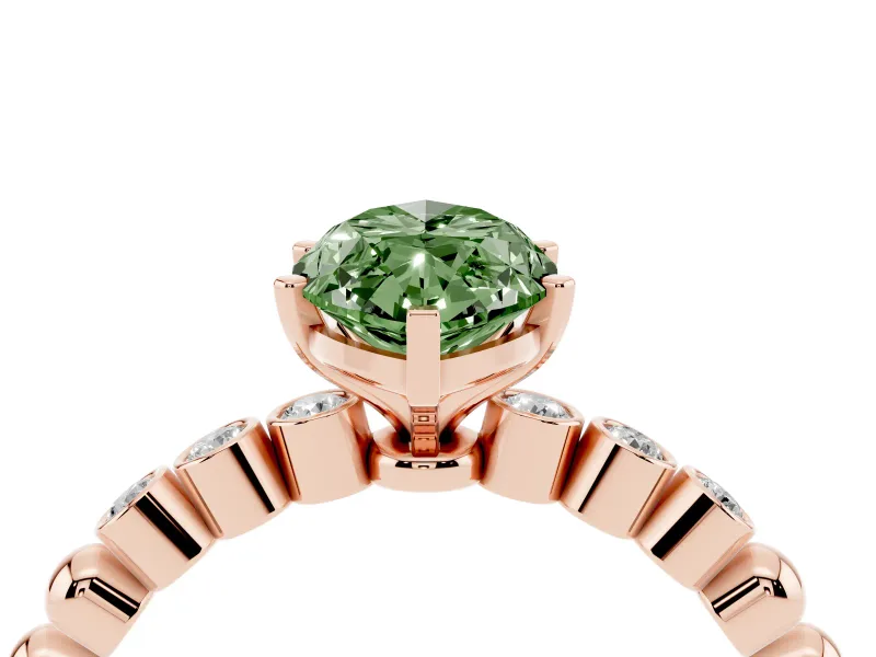 Fancy Green Marquise Cut Diamond Solitaire Engagement Ring Set in Rose gold with Bezel Accents on Beaded Band