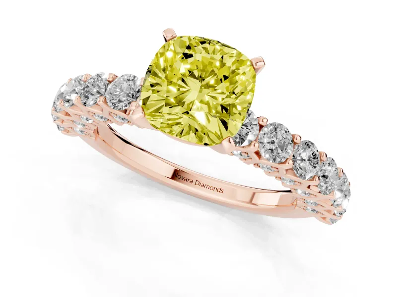 Cushion Cut Shared Prong Engagement Ring Setting for a Fancy Yellow Lab-Grown Diamond | Rose Gold