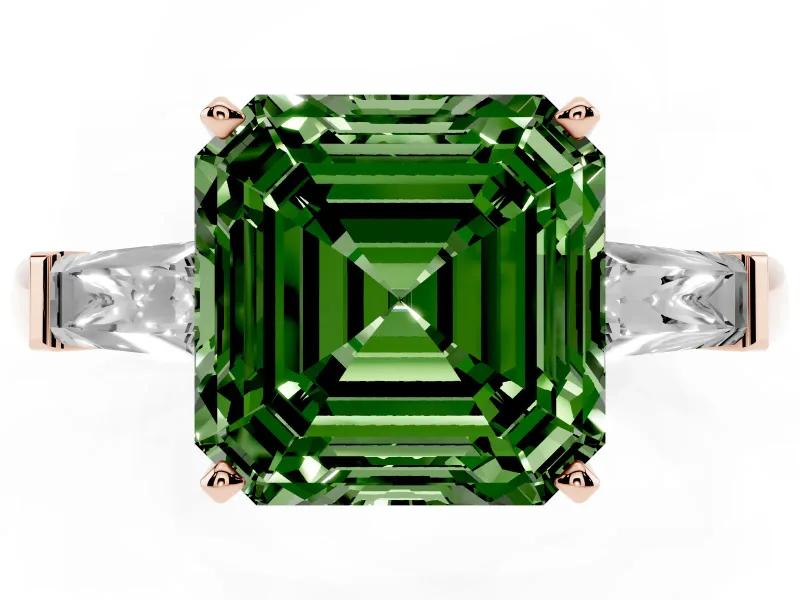 Fancy Green Asscher Cut Diamond Solitaire Ring Set in Rose gold with Tapered Baguette Side Stones and Prong Setting