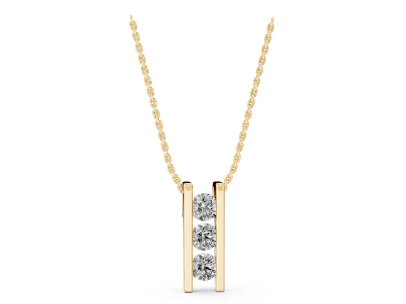 Round Lab-Grown Diamond Three-Stone Channel Set Bar Pendant | Squared Ends | Yellow Gold