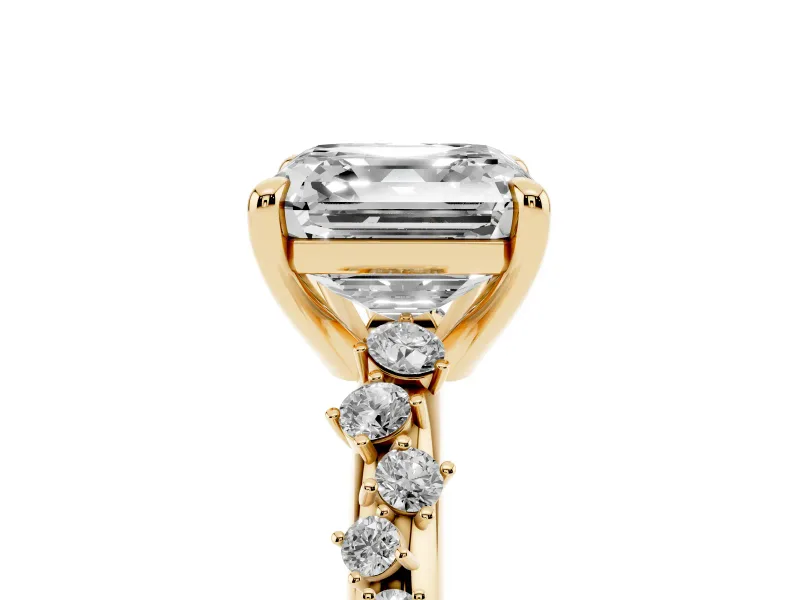 Asscher Cut Diamond Solitaire Vine Band Ring Set in Yellow gold with Round Accents and Prong Setting