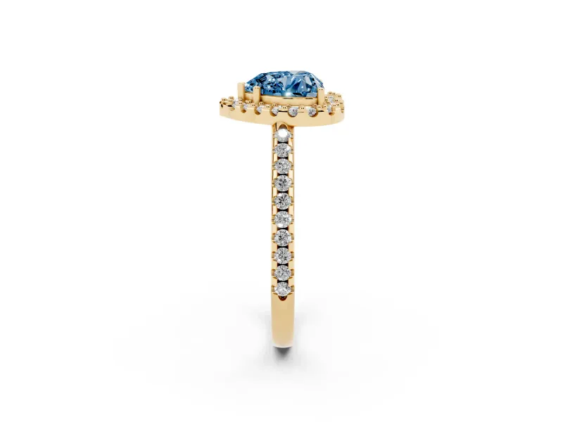 Heart-Shaped Pave Halo Engagement Ring Setting for a Fancy Blue Lab-Grown Diamond | Pave Band | Yellow Gold