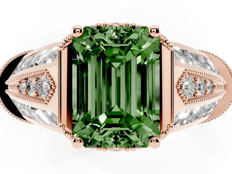 Emerald Cut Vintage Milgrain Engagement Ring Setting for a Fancy Green Lab-Grown Diamond | Hidden Halo | Rose Gold