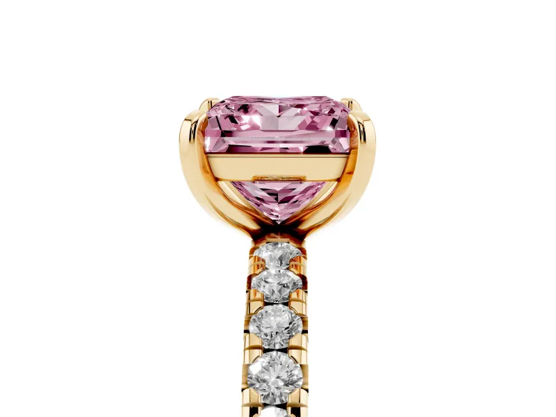 Fancy Pink Princess Cut Diamond Pavé Solitaire Ring Set in Yellow gold with Round Band and Prong Setting