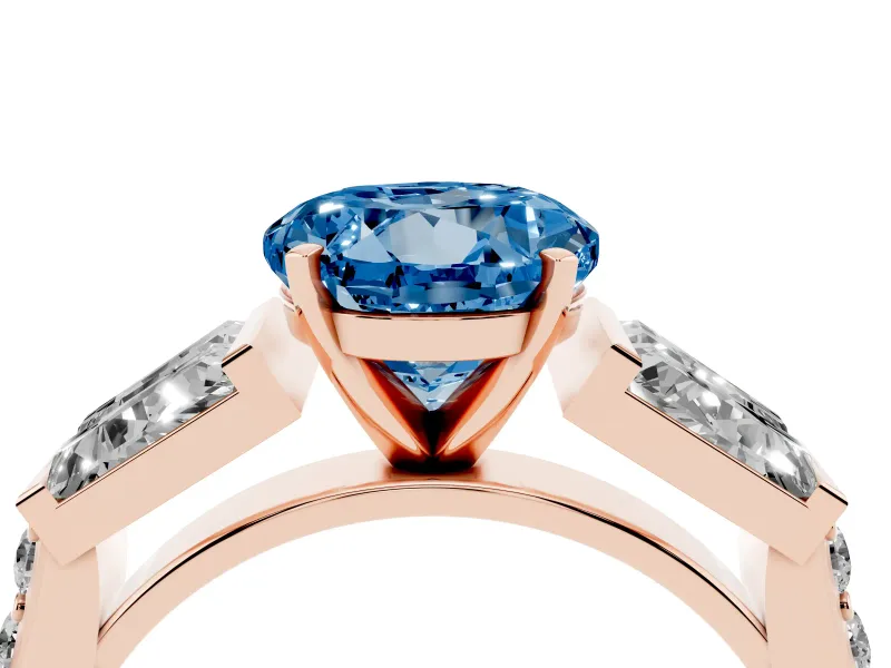 Round Channel Set Baguette Engagement Ring Setting for a Fancy Blue Lab-Grown Diamond | Rose Gold