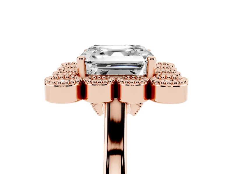 Asscher Cut Vintage Milgrain Bezel Cluster Halo Engagement Ring Setting | Plain Band | Rose Gold