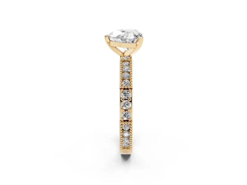 Heart Cut Diamond Solitaire Ring Set in Yellow gold with Slim Pavé Band and Prong Setting