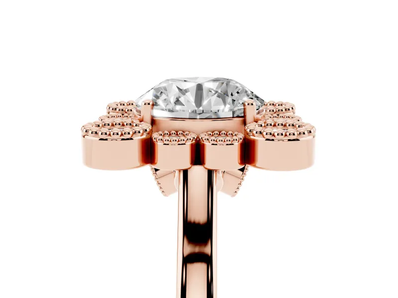 Round Vintage Milgrain Bezel Cluster Halo Engagement Ring Setting | Plain Band | Rose Gold
