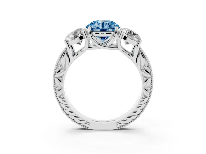 Round Vintage Three Stone Engagement Ring Setting for a Fancy Blue Lab-Grown Diamond | Sterling Silver