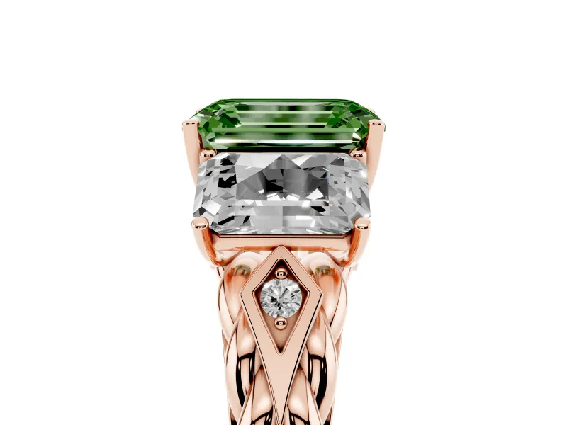 Fancy Green Emerald Cut Diamond Three-Stone Ring Set in Rose gold with Braided Band