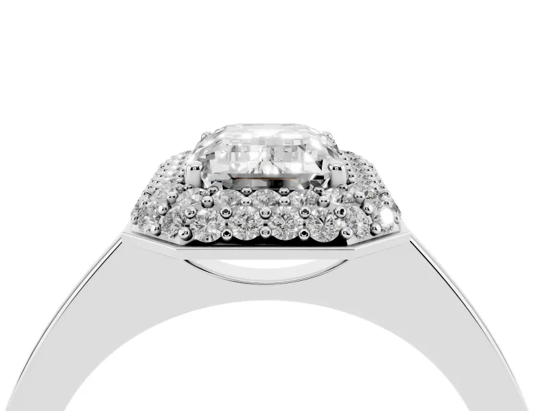 Emerald Cut Pave Halo Engagement Ring Setting | Slim Plain Band | White Gold