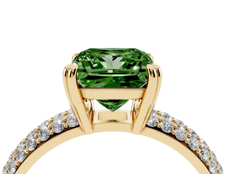 Princess Cut Three Row Pave Engagement Ring Setting for a Fancy Green Lab-Grown Diamond | Double Claws | Yellow Gold