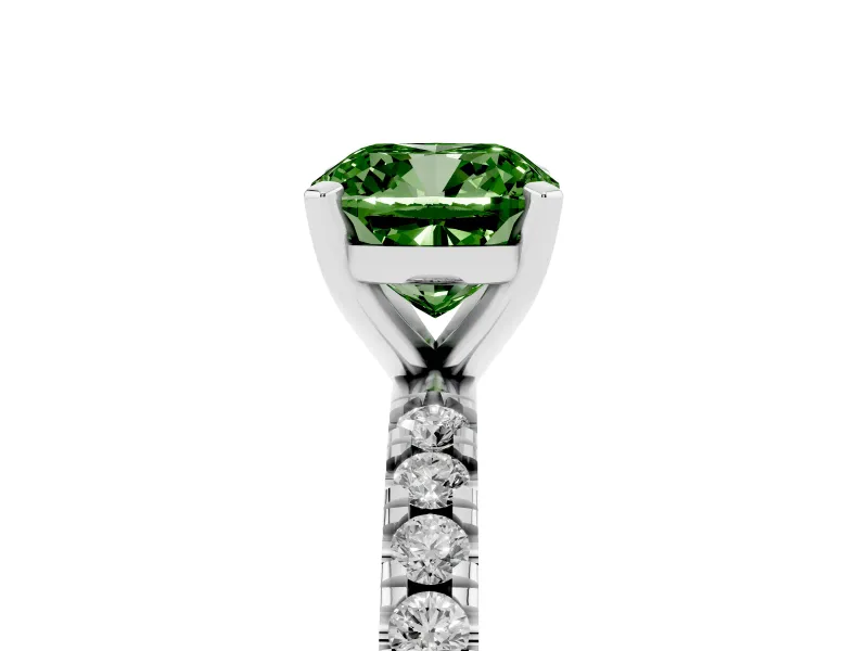 Fancy Green Cushion Cut Diamond Pavé Band Solitaire Set in White gold with Prong Setting