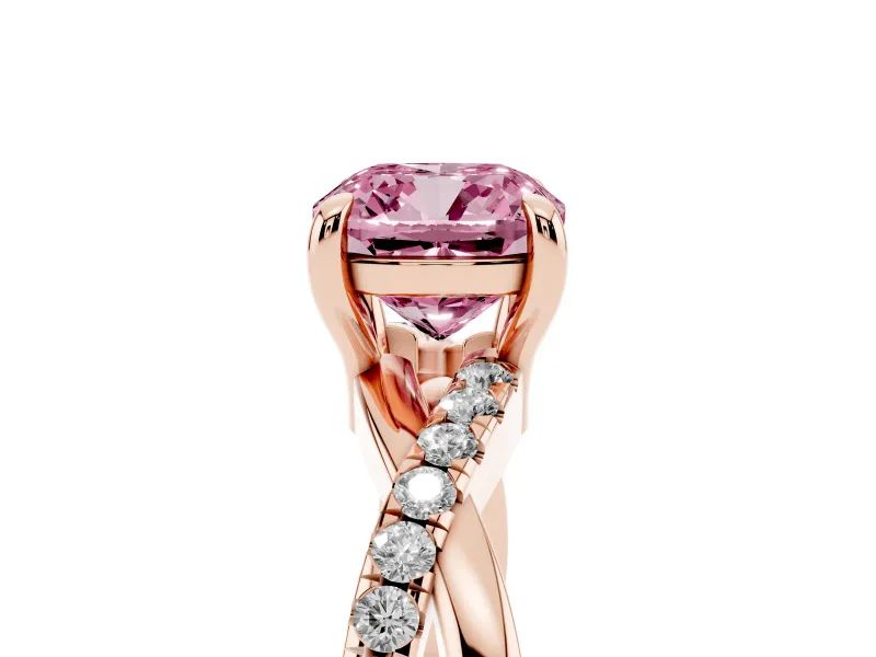 Fancy Pink Cushion Cut Diamond Twist Band Solitaire Set in Rose gold with Pavé Accents and Prong Setting