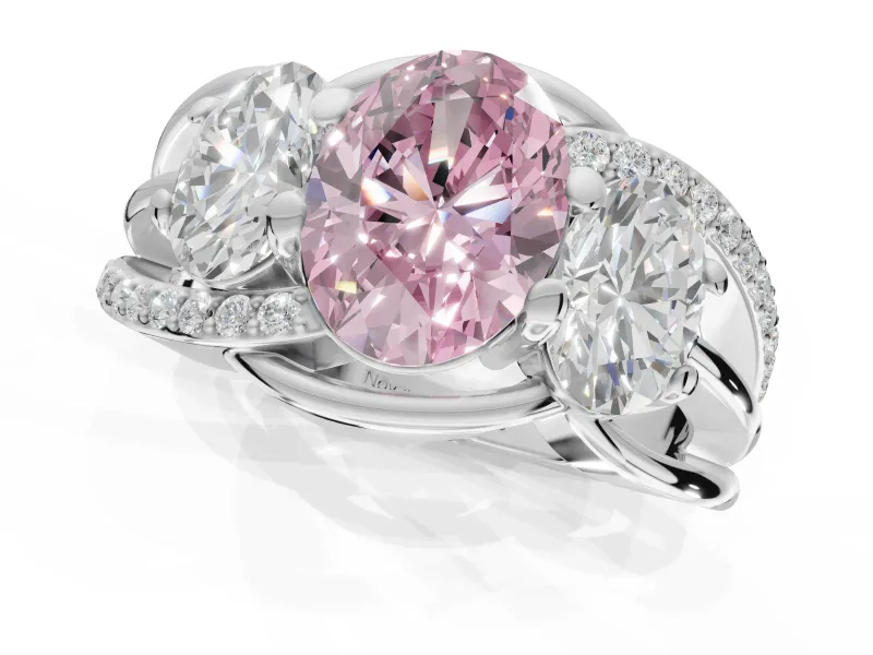 Oval Three Stone Split Shank Engagement Ring Setting for a Fancy Pink Lab-Grown Diamond | Matching Sides | White Gold