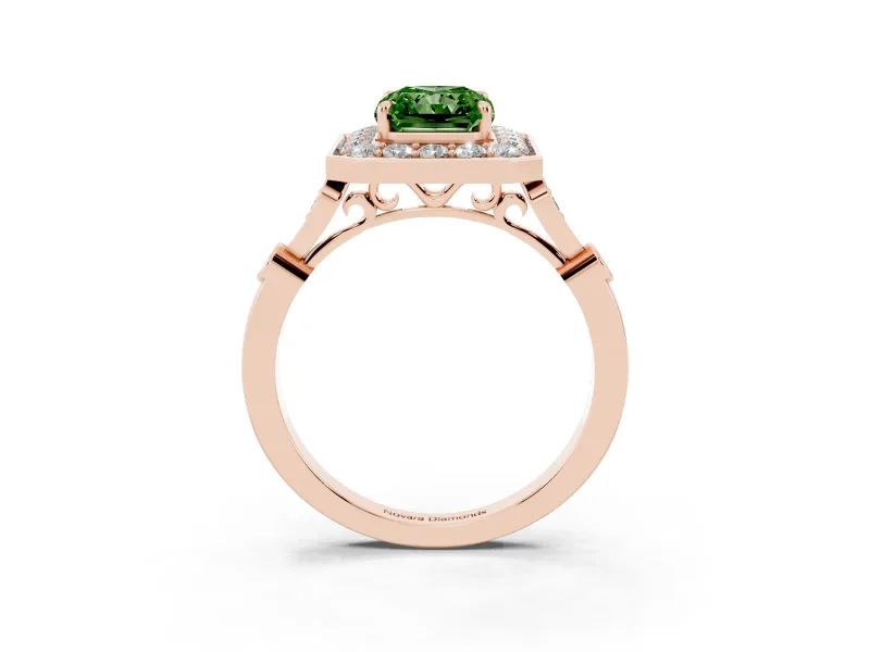 Radiant Cut Halo Engagement Ring Setting for a Fancy Green Lab-Grown Diamond | Bezel Station Shoulders | Rose Gold