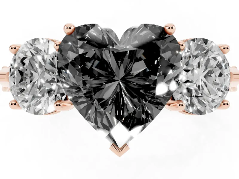 Heart-Shaped Vintage Three Stone Engagement Ring Setting for a Black Center | Milgrain Band | Rose Gold