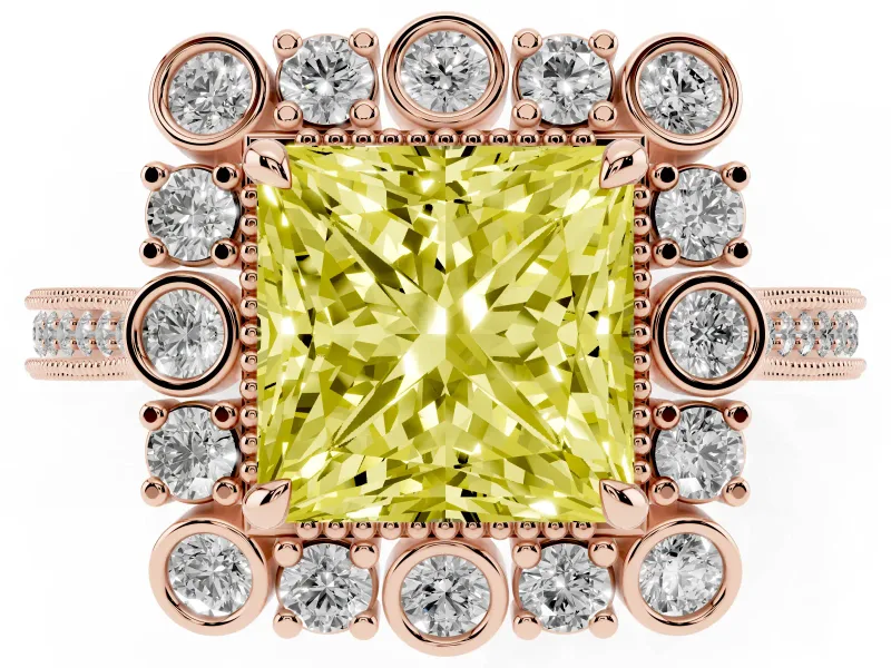 Fancy Yellow Princess Cut Diamond Halo Milgrain Pavé Ring Set in Rose gold with Prong Setting